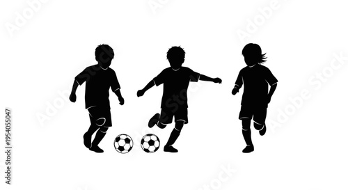Silhouette of kids playing soccer with two balls on white background