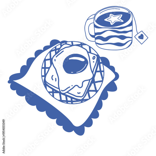 Hand-drawn fried egg on waffle-patterned toast beside wavy striped mug with star foam and heart tea bag, blue outline