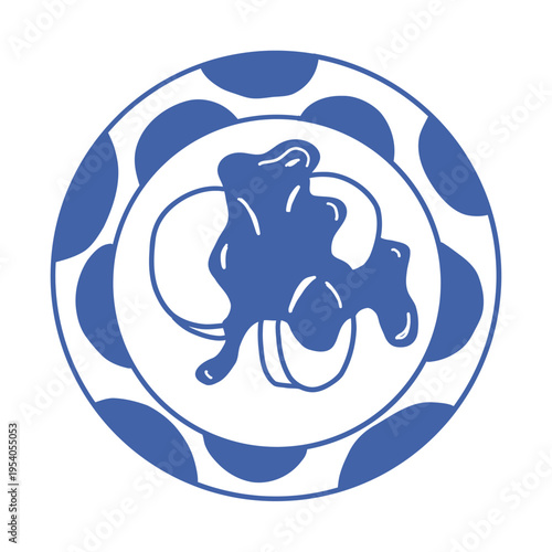 Hand-drawn syrniki cheese pancakes with condensed milk drizzle on polka dot plate, blue outline