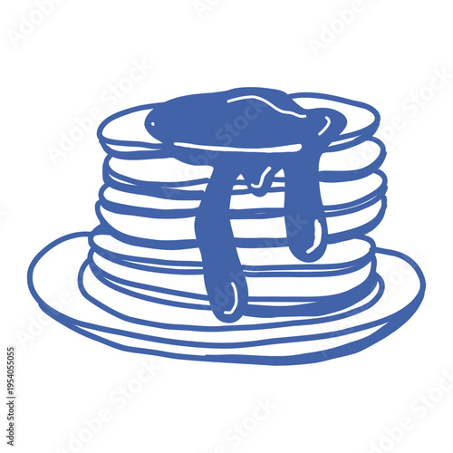 Stack of pancakes with dripping syrup on plate, hand-drawn blue outline