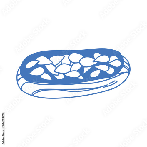 Hand-drawn almond eclair pastry with sliced almond topping, blue outline