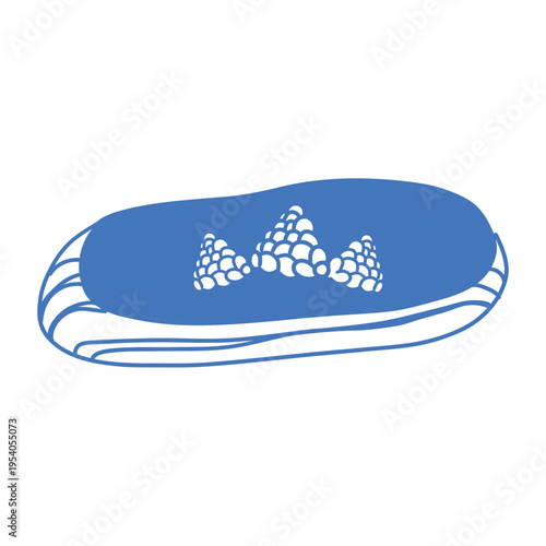 Hand-drawn raspberry eclair pastry with three raspberry clusters on top, blue outline