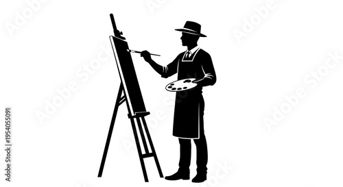 A man in a hat paints on an easel with a brush and palette in his hands.