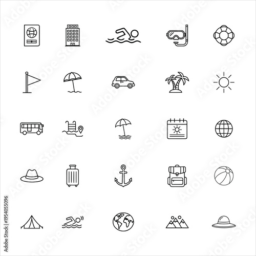 Collection of hand-drawn travel icons in a simple sketch style, passport, car, airplane, and beach, life buoy