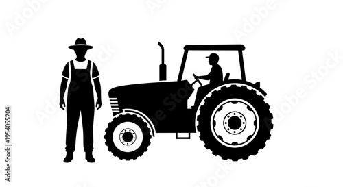 Silhouette of a farmer standing next to a tractor with another farmer driving it showcasing agricultural work and teamwork in a simple yet effective black and white illustration style.