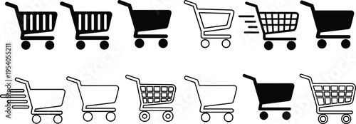 Shopping cart icon collection in various line and flat styles, retail commerce symbols for online store isolated on white background.