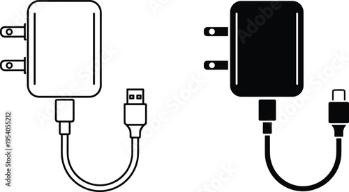 Modern wall plug chargers with USB-A and USB-C connectors, minimal outline and silhouette illustration style, technical comparison of charging cable types for digital devices.