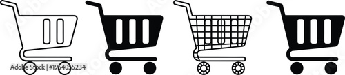 Shopping cart icon collection in flat and line styles, retail commerce symbols for online store and supermarket isolated on white background.