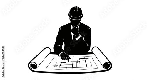 Businessman in hard hat examining large architectural blueprint on desk