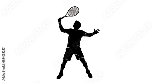 Tennis player in action serves the ball with a racket overhead