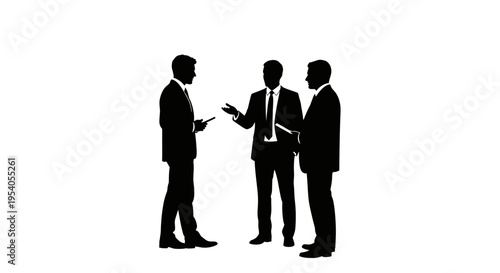 Three businessmen in suits engaged in a discussion on a white background