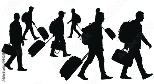 Silhouettes of people walking with luggage and backpacks in various poses and directions on a white background for travel and transportation concepts