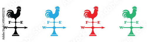 Set of Four Colorful Rooster Silhouette Weathervanes on White Background