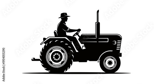 A man wearing a hat drives a tractor with large rear wheels and a visible exhaust pipe