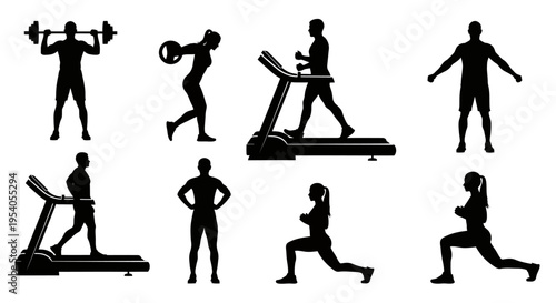 Black silhouettes of people exercising with treadmills and weights