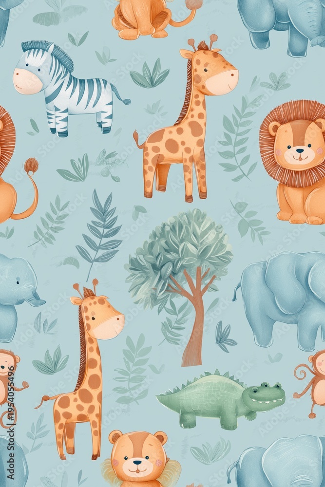 Fototapeta premium Cute cartoon jungle animals seamless pattern. Safari animals pattern with giraffes, elephants, and lions on a light blue background
