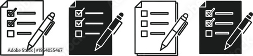 Solid silhouette vector icons set of checklist paper and pen, survey document, task management, and successful project completion,