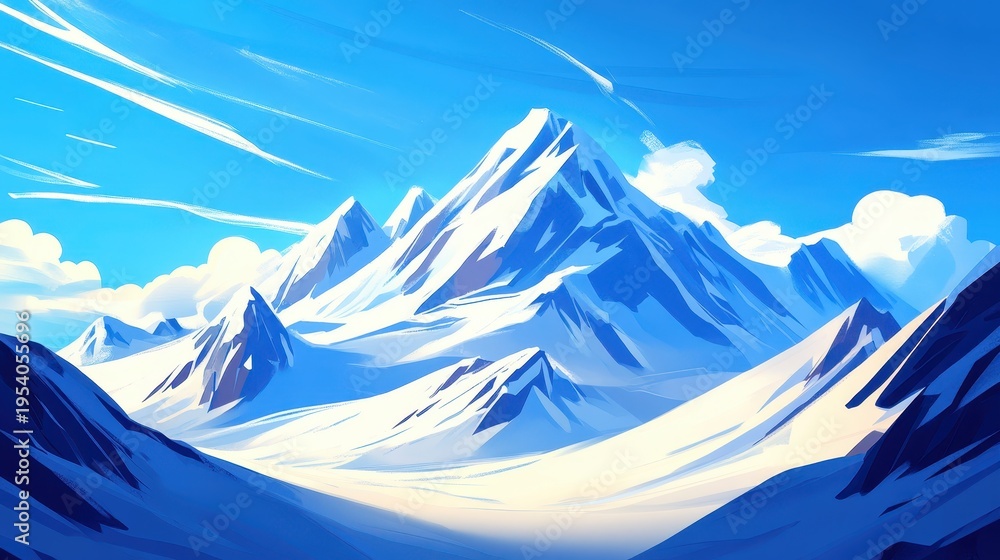 Fototapeta premium Majestic Snow-Capped Mountain Peaks Under a Vibrant Blue Sky with Wispy Clouds