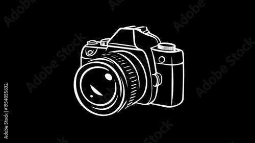 A white-line illustration of a digital single-lens reflex camera on a black background
