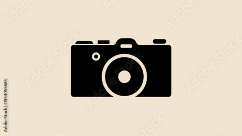 A flat illustration of a digital camera, rendered in black, on a beige background