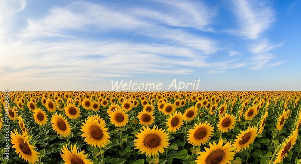 Obraz premium Vibrant sunflower field with welcome april text under blue sky