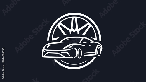 A sleek, white sports car silhouette with a wheel graphic on a dark blue background