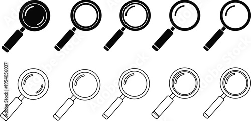Solid silhouette vector icons set of magnifying glass, search symbol, loupe tools, zoom lens signs, investigation discovery, examination vision focus.