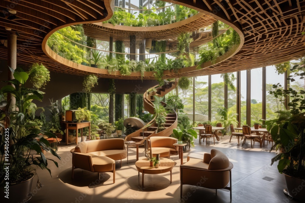 Obraz premium Modern architecture incorporating lush green plants and natural wood for a relaxing indoor environment
