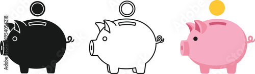 Solid silhouette vector icons set of piggy banks with coins, money saving concept, financial investment symbols, and retirement fund,