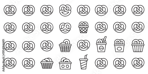 Pretzel and Snack Food Line Icon Set for Bakery and Cinema Concessions