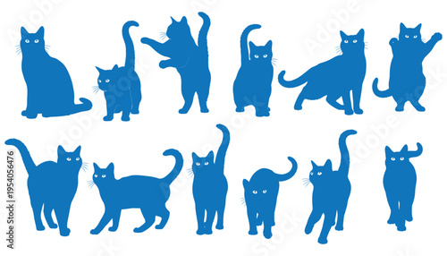 Blue silhouette of multiple cats in various poses