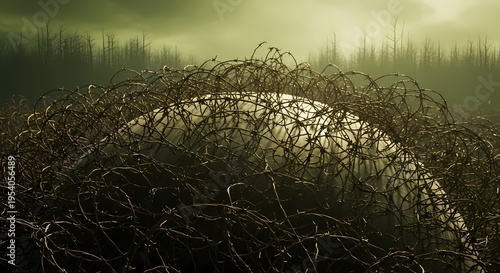 A desolate landscape reveals a mysterious, glowing relic ensnared within a dense, rusty tangle of barbed wire, suggesting a hidden secret or a secured anomaly