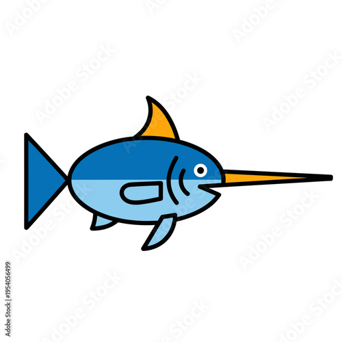 Swordfish in blue and yellow colors with a streamlined shape  