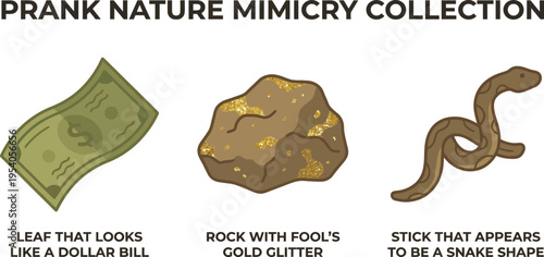 Collection of natural items disguised as valuable objects or dangerous creatures for practical jokes.