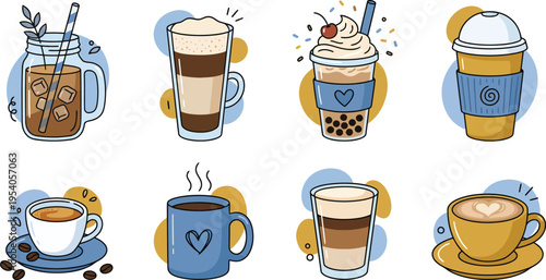 A set of eight different coffee and tea drinks in various cups and mugs