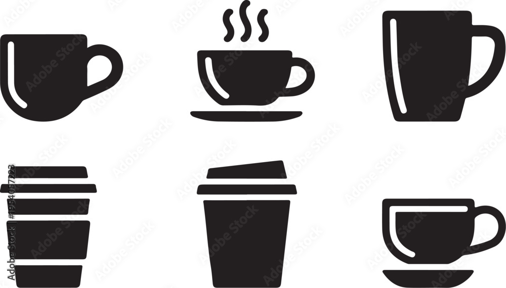 Obraz premium Black silhouette icons representing hot and cold drinks and beverage containers like cups, mugs, and travel tumblers, ideal for cafe branding and product design