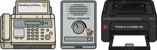 Assorted office communication devices show humorous or fictional operational faults like invisible ink printing.