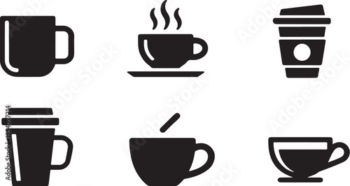 Set of six coffee mug and cup silhouette vector icons suitable for various design projects including cafe menus and digital applications minimalist black shapes