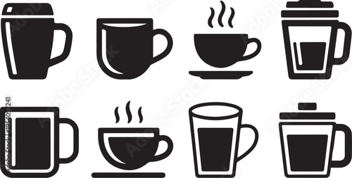 Set of black coffee cups and mugs icons, including hot drinks with steam, travel cups, and classic mugs, representing beverages and cafe culture.