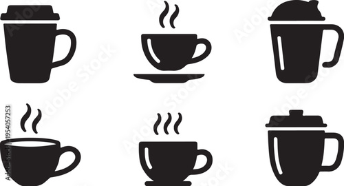 Set of six black coffee cup icons, various hot beverage containers, steaming mugs, disposable cups, reusable travel mugs, office drinkware collection