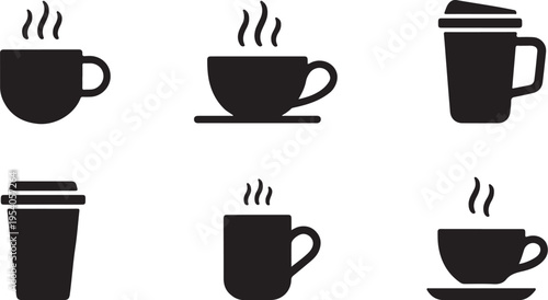Coffee and tea cup icons set showing different mug shapes and takeaway containers for cafe branding and morning breakfast menu designs isolated on a transparent background with minimalist aesthetic