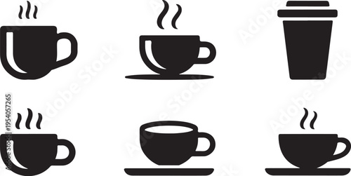 Collection of hot steaming coffee cups and takeaway mugs, assorted beverage icons in flat design style, modern graphic elements for cafe and restaurant branding, isolated on transparent background.