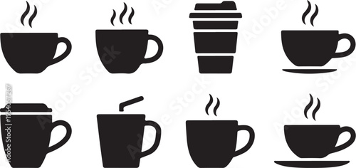 Diverse collection of black icons for hot beverages and takeaway drinks, including steaming mugs and disposable coffee cups, flat vector style for cafe branding, isolated on transparent background.