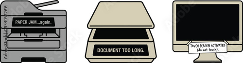 Computer peripherals display various error messages indicating technical difficulties and processing failures.