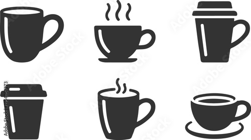 A set of six black and white icons depicting various coffee cups and mugs with different designs and lids on a plain white background for use in graphic design and digital media.
