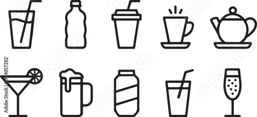 Drinking glass and bottle icons set with soda and water and coffee and tea and beer and wine and cocktail and juice and energy drink and milk and champagne icons on checkered transparent background
