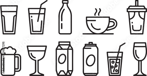 Beverage icons set including water and juice and milk and coffee and tea and beer and wine and soda and energy drink and champagne icons for restaurant menu on checkered transparent background