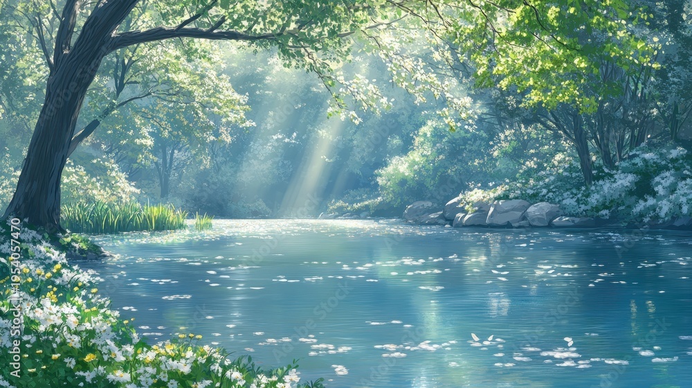 Obraz premium Sunbeams filtering through lush green leaves onto a tranquil lake, creating gentle ripples and a peaceful atmosphere in a forest setting.
