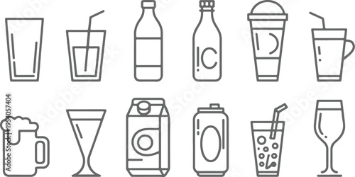 Set of twelve gray outline drink icons, assorted beverage containers including glasses, bottles, cans, beer mug, take away cup, and a wine glass over transparent background