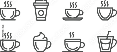 Coffee cup linear icons displaying various hot drink vessels with steam and whipped cream details for professional cafe menu design and digital marketing graphics on transparent background patterns